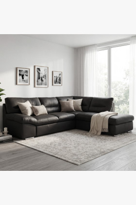 Ecksofa aus echtem schwarzem Leder, 3-Sitzer